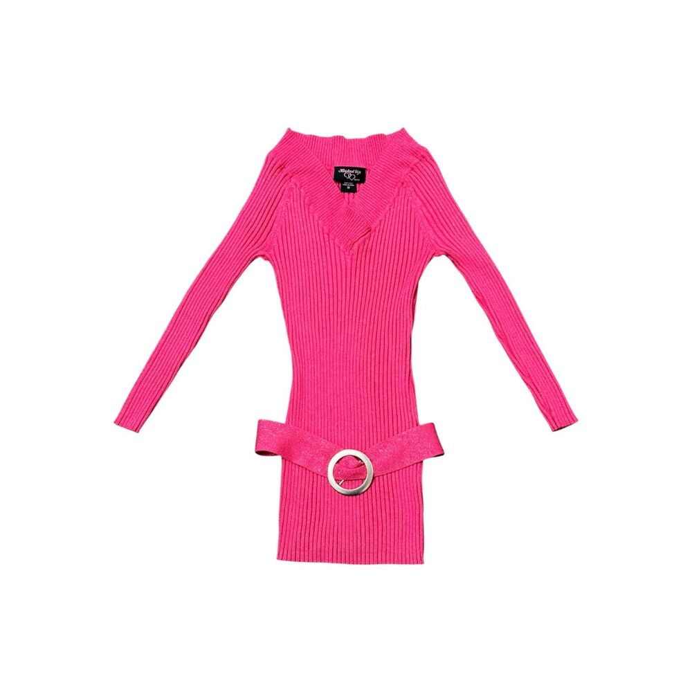 Y2K Pink Sparkly Belted Sweater Silver Buckle Glam Party Top McBling V Neck